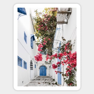 Alley with blue door and pink blossom in Tunisia Sticker